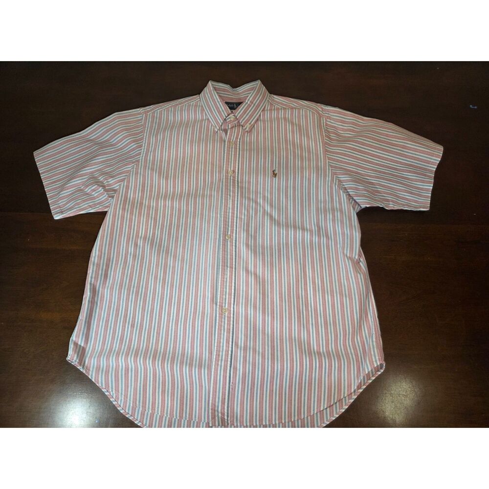 ​Vintage Ralph Lauren Oxford Shirt Short Sleeve Button Down Striped Red Blue L